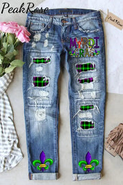 Mardi Gras Plaid Crawfish With Fleur De Lis Polka Print Ripped Denim Jeans S