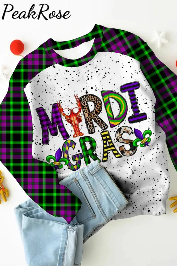 Mardi Gras Plaid Crawfish With Fleur De Lis Polka Print Sweatshirt