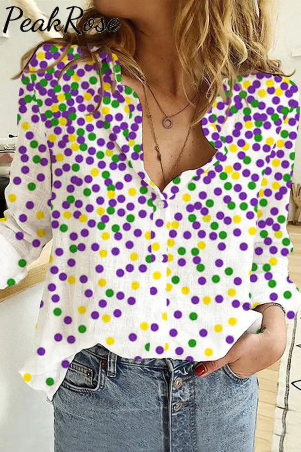 Mardi Gras Polka Colored Dots Long Sleeve Shirt S / Multicolor Women