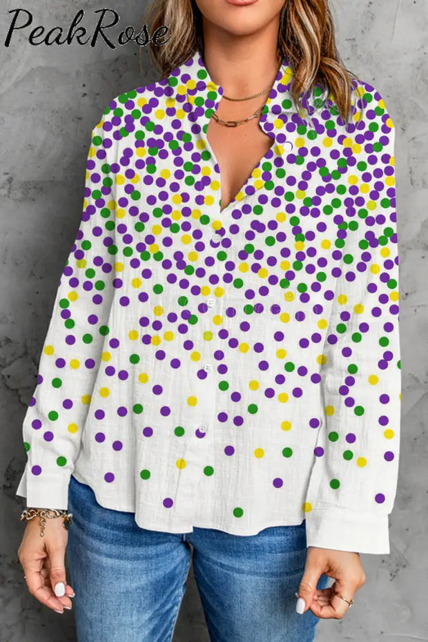 Mardi Gras Polka Colored Dots Long Sleeve Shirt Women