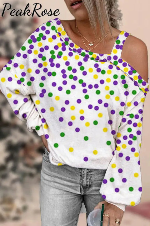 Mardi Gras Polka Colored Dots Off-Shoulder Blouse