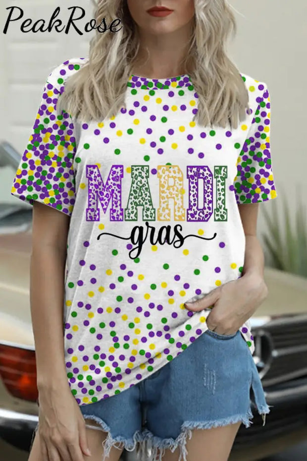 Mardi Gras Polka Colored Dots Round Neck Short Sleeve T-Shirt