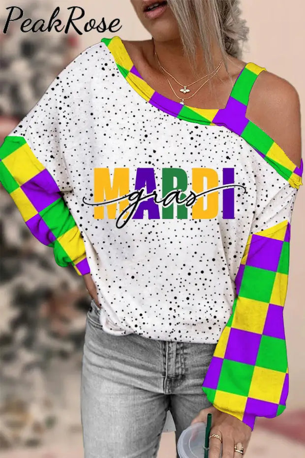 Mardi Gras Polka Tricolor Plaid Color Block Off-Shoulder Blouse