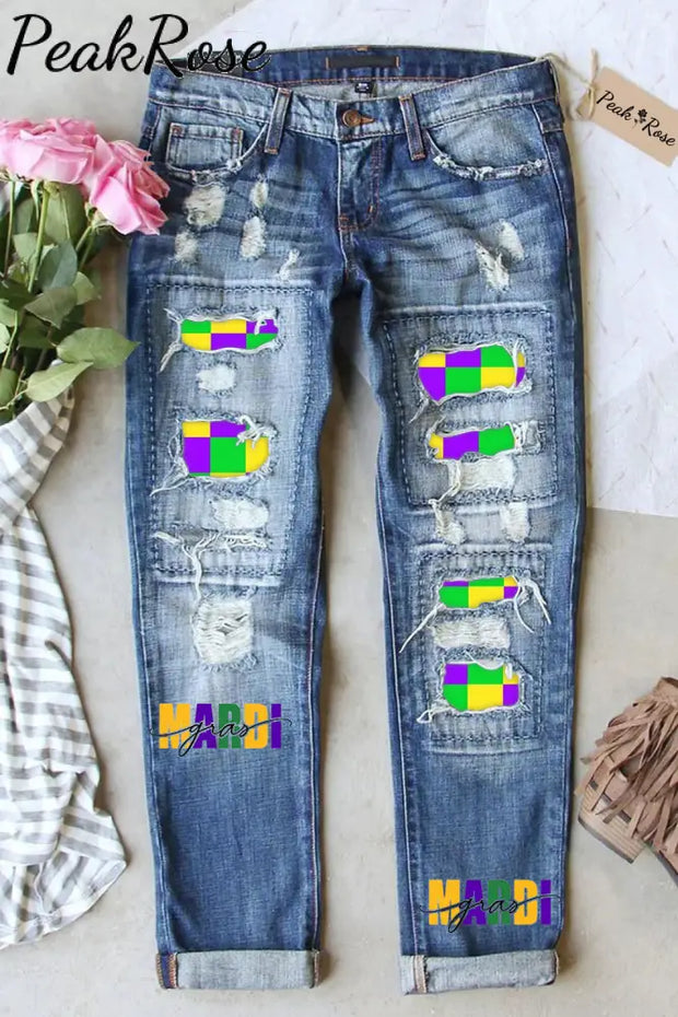 Mardi Gras Polka Tricolor Plaid Color Block Ripped Denim Jeans S