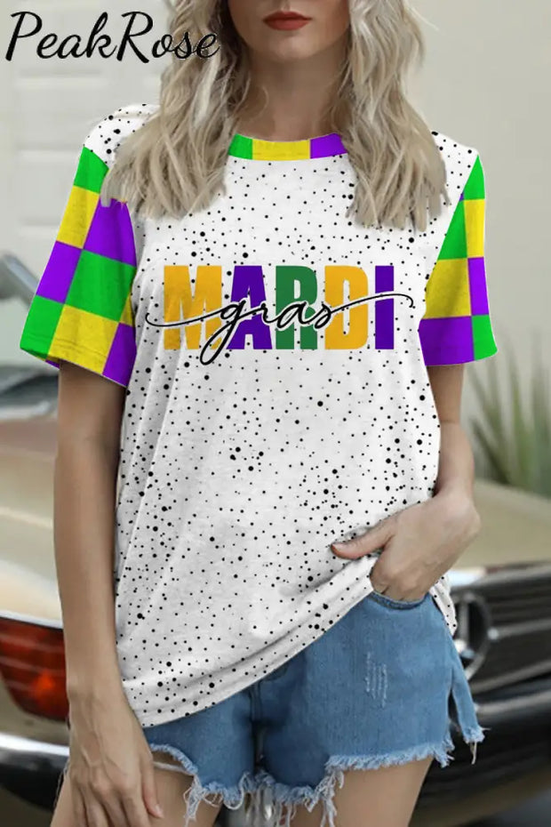 Mardi Gras Polka Tricolor Plaid Color Block Round Neck Short Sleeve T-Shirt