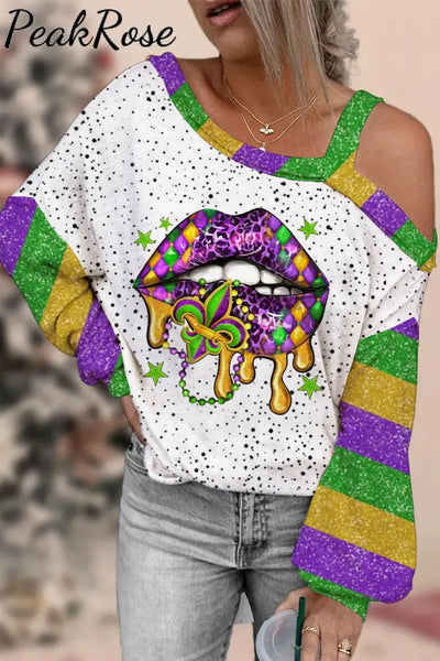 Mardi Gras Polka Western Lips Fleur De Lis Off-Shoulder Blouse Multicolor / S