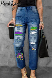 Mardi Gras Polka Western Lips Fleur De Lis Ripped Denim Jeans