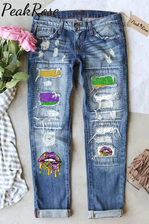 Mardi Gras Polka Western Lips Fleur De Lis Ripped Denim Jeans S