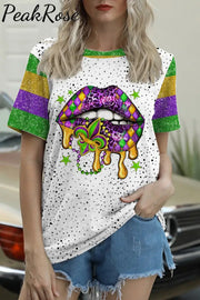 Mardi Gras Polka Western Lips Fleur De Lis Round Neck Short Sleeve T-Shirt