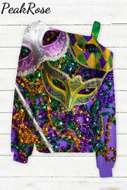 Mardi Gras Sequin Mask With Colored Beads Off-Shoulder Blouse