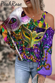 Mardi Gras Sequin Mask With Colored Beads Off-Shoulder Blouse S / Purple