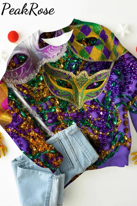 Mardi Gras Sequin Mask With Colored Beads Sweatshirt