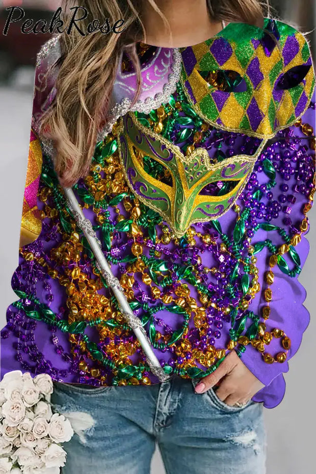 Mardi Gras Sequin Mask With Colored Beads Sweatshirt Purple / S