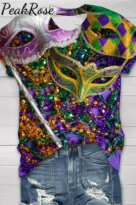 Mardi Gras Sequin Mask With Colored Beads T-Shirt T-Shirt