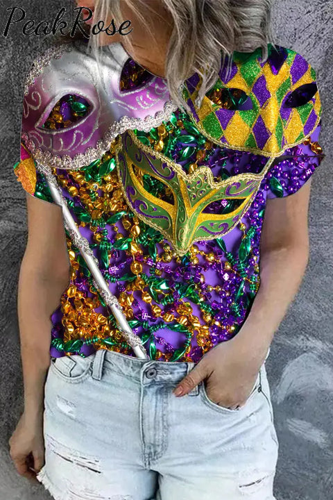 Mardi Gras Sequin Mask With Colored Beads T-Shirt Purple / S T-Shirt