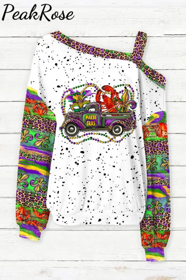 Mardi Gras Truck With Mask Fleur De Lis And Crawfish Western Leopard Print Off-Shoulder Blouse