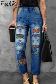 Mardi Gras Truck With Mask Fleur De Lis And Crawfish Western Leopard Print Ripped Denim Jeans