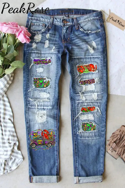 Mardi Gras Truck With Mask Fleur De Lis And Crawfish Western Leopard Print Ripped Denim Jeans Blue