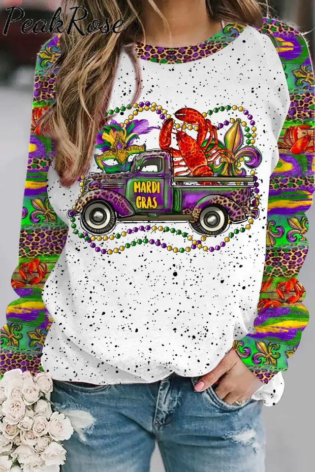 Mardi Gras Truck With Mask Fleur De Lis And Crawfish Western Leopard Print Sweatshirt Polka / S