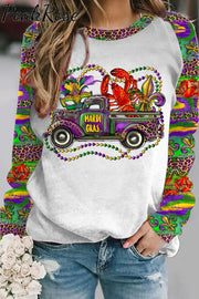 Mardi Gras Truck With Mask Fleur De Lis And Crawfish Western Leopard Print Sweatshirt White / S