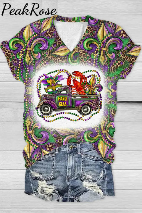 Mardi Gras Truck With Mask Fleur De Lis And Crawfish Western Leopard Print T-Shirt T-Shirt