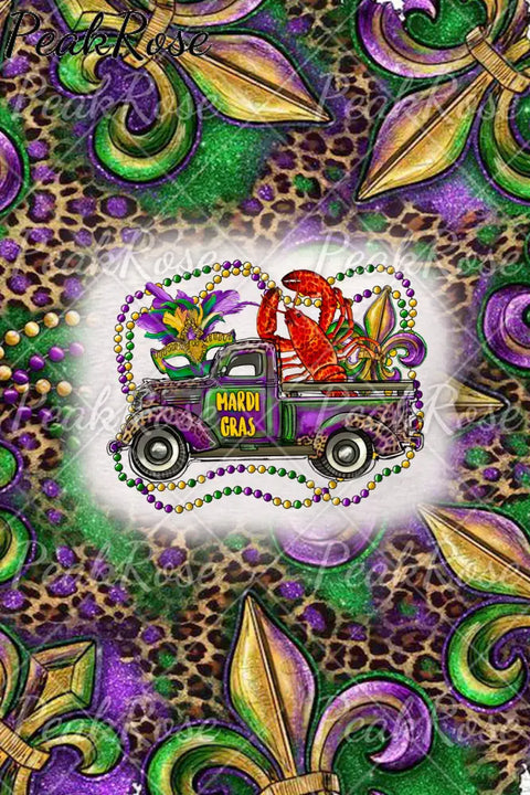 Mardi Gras Truck With Mask Fleur De Lis And Crawfish Western Leopard Print T-Shirt T-Shirt