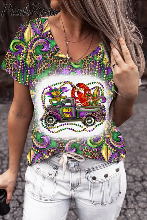 Mardi Gras Truck With Mask Fleur De Lis And Crawfish Western Leopard Print T-Shirt Multicolor / S