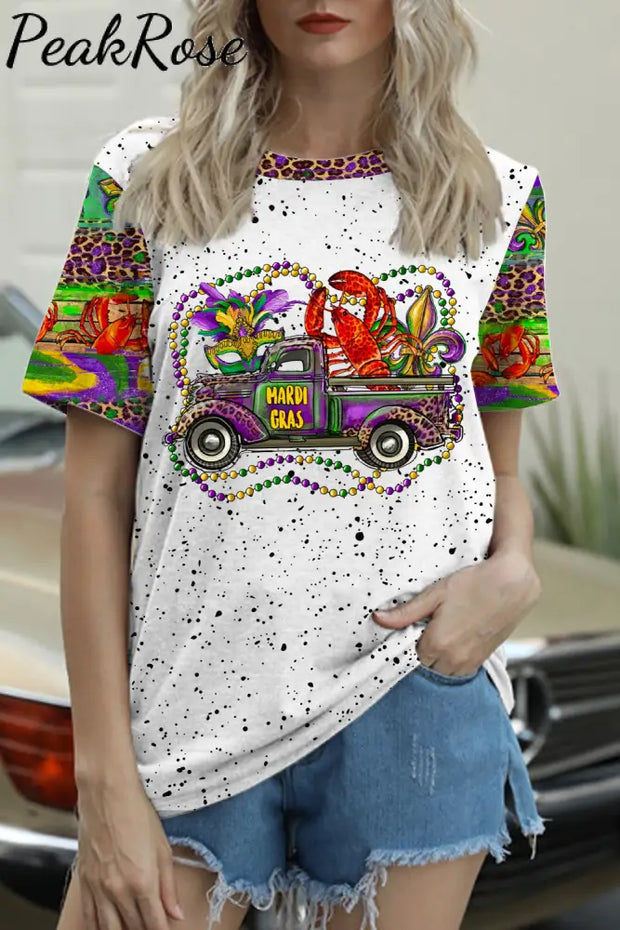 Mardi Gras Truck With Mask Fleur De Lis And Crawfish Western Leopard Print T-Shirt Polka / S T-Shirt