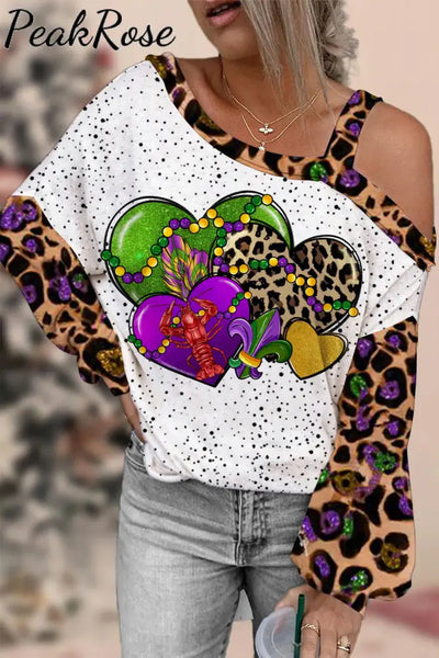 Mardi Gras Western Leopard Love Heart Crawish Off-Shoulder Blouse Multicolor / S