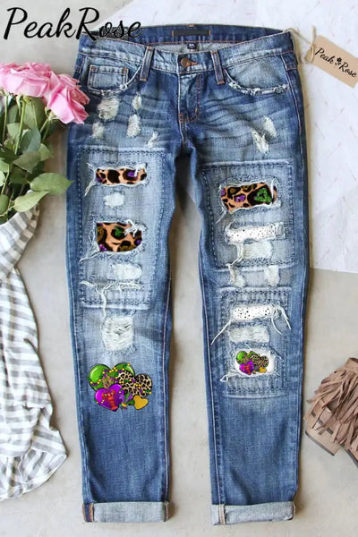 Mardi Gras Western Leopard Love Heart Crawish Ripped Denim Jeans S