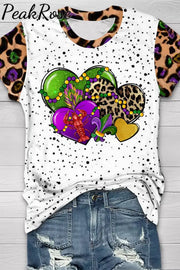 Mardi Gras Western Leopard Love Heart Crawish Round Neck Short Sleeve T-Shirt