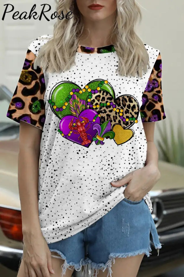 Mardi Gras Western Leopard Love Heart Crawish Round Neck Short Sleeve T-Shirt S / Multicolor