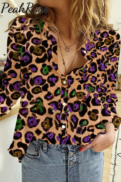 Mardi Gras Western Tricoler Leopard Long Sleeve Shirt S / Women