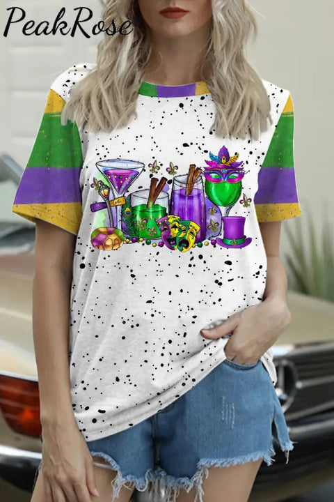 Mardi Gras Wine Glasses With Fleur De Lis Clown Mask Polka Dots Print Round Neck Short Sleeve