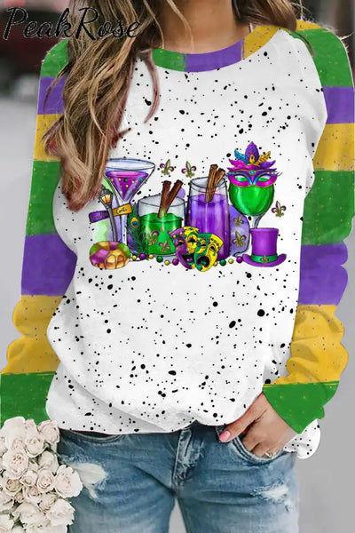 Mardi Gras Wine Glasses With Fleur De Lis Clown Mask Polka Dots Print Sweatshirt S / Multicolor