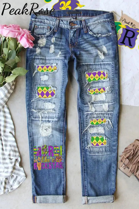 Mardi Like A Rockstar Fleur De Lis And Mask Print Denim Jeans