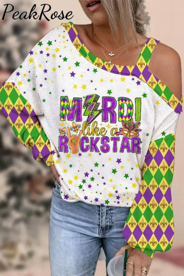 Mardi Like A Rockstar Fleur De Lis And Mask Print Off-Shoulder Blouse