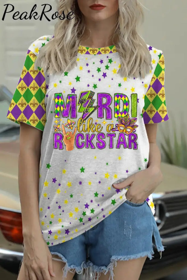 Mardi Like A Rockstar Fleur De Lis And Mask Print Round Neck Short Sleeve T-Shirt