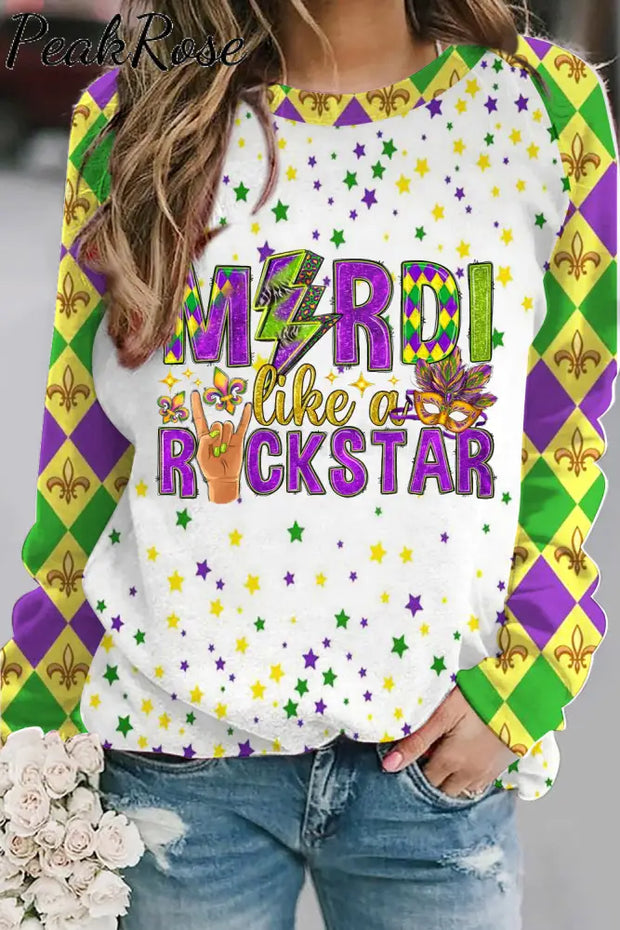 Mardi Like A Rockstar Fleur De Lis And Mask Print Sweatshirt S / Photo Color