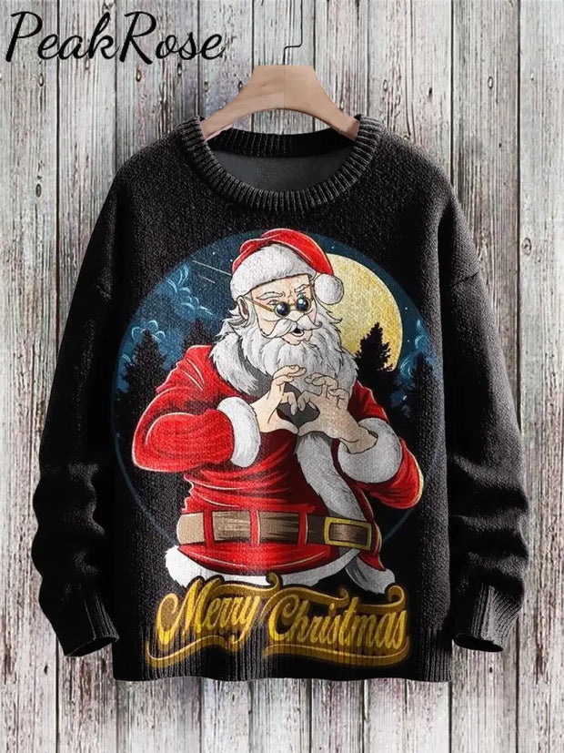 Merry Christmas Funny Santa Heart Art Pattern Print Casual Knit Pullover Sweater Christmas