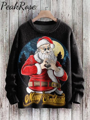 Merry Christmas Funny Santa Heart Art Pattern Print Casual Knit Pullover Sweater Christmas