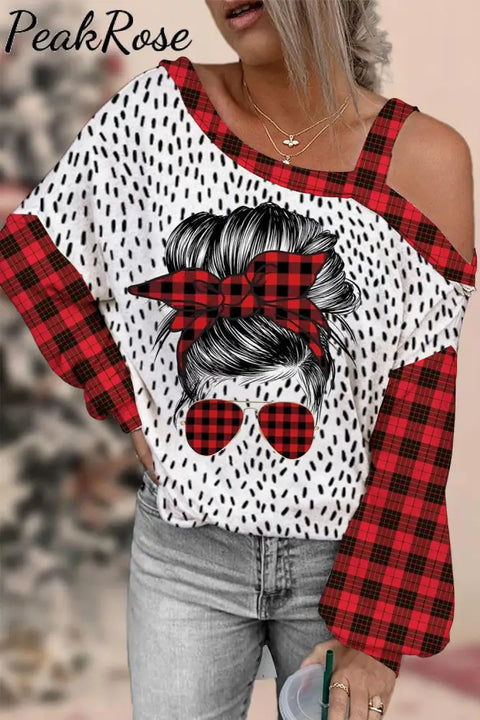 Messy Bun Plaid Off-Shoulder Blouse