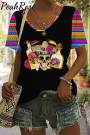 Mexican Skull Sombrero Tequila Bottle Pepper Roses Printed V Neck T-Shirt Black / S T-Shirt