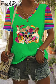 Mexican Skull Sombrero Tequila Bottle Pepper Roses Printed V Neck T-Shirt Green / S T-Shirt