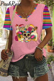 Mexican Skull Sombrero Tequila Bottle Pepper Roses Printed V Neck T-Shirt Pink / S T-Shirt