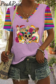 Mexican Skull Sombrero Tequila Bottle Pepper Roses Printed V Neck T-Shirt Purple / S T-Shirt