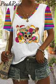 Mexican Skull Sombrero Tequila Bottle Pepper Roses Printed V Neck T-Shirt White / S T-Shirt