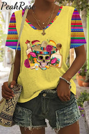 Mexican Skull Sombrero Tequila Bottle Pepper Roses Printed V Neck T-Shirt Yellow / S T-Shirt