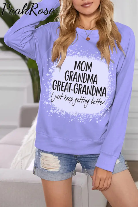 Mom Grandma Great-Grandma Bleached Print Sweatshirt Puple / S