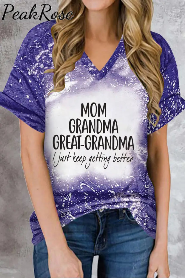 Mom Grandma Great-Grandma Bleached Print V-Neck T-Shirt Dark Purple / S T-Shirt